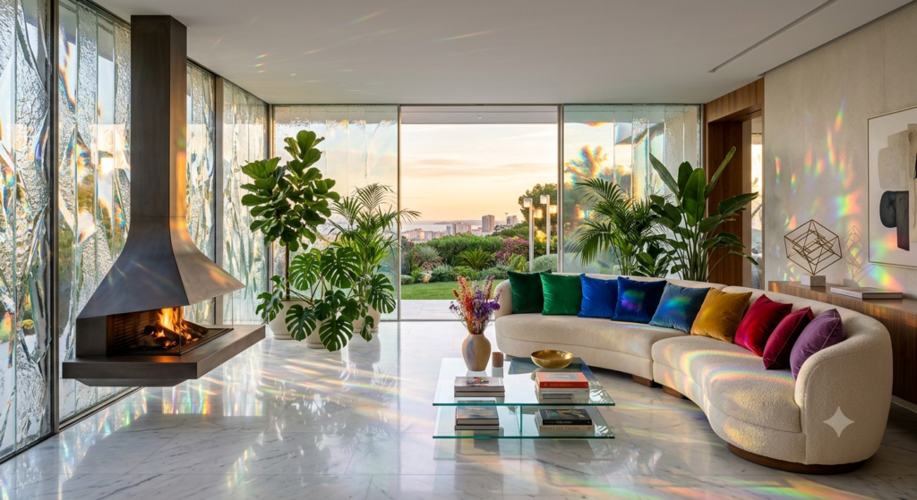 Luxury living room with rainbow crystal walls and modern furniture