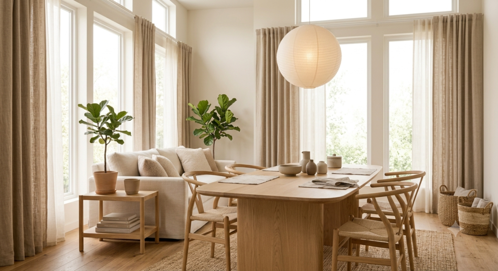 Scandinavian dining area with oak table